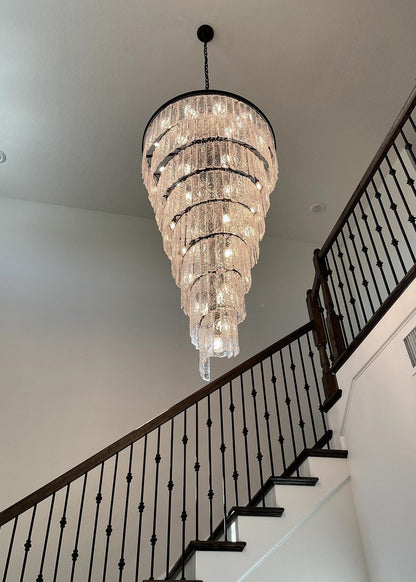 Elegant Frosted Glass Long Black Chandelier For Staircase, Dia15.6"By Miron Demid LLC