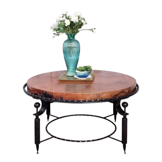 38" Round Copper Coffee Table 鈥?Hand-hammered Copper Top & Iron Base 鈥?Rustic Living Room Centerpiece