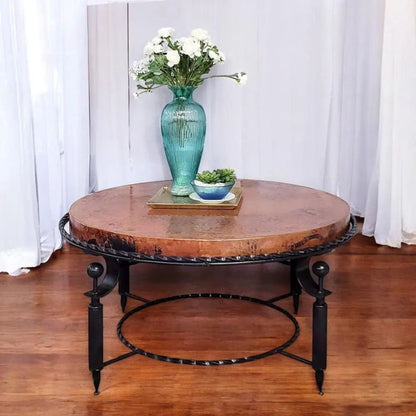 38" Round Copper Coffee Table 鈥?Hand-hammered Copper Top & Iron Base 鈥?Rustic Living Room Centerpiece