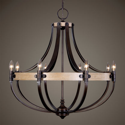 Large French Empire Style 8 Light Chandelier, Oak Wood Bronze Basket ShapeBy My Swanky Home