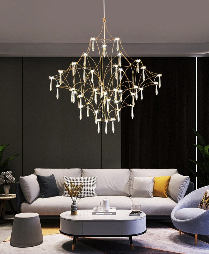 Cube Design Crystal LED Chandelier for Living Room, Bedroom, Gold, Dia39.4xh39.4", Warm Light, DimmableBy Miron Demid LLC
