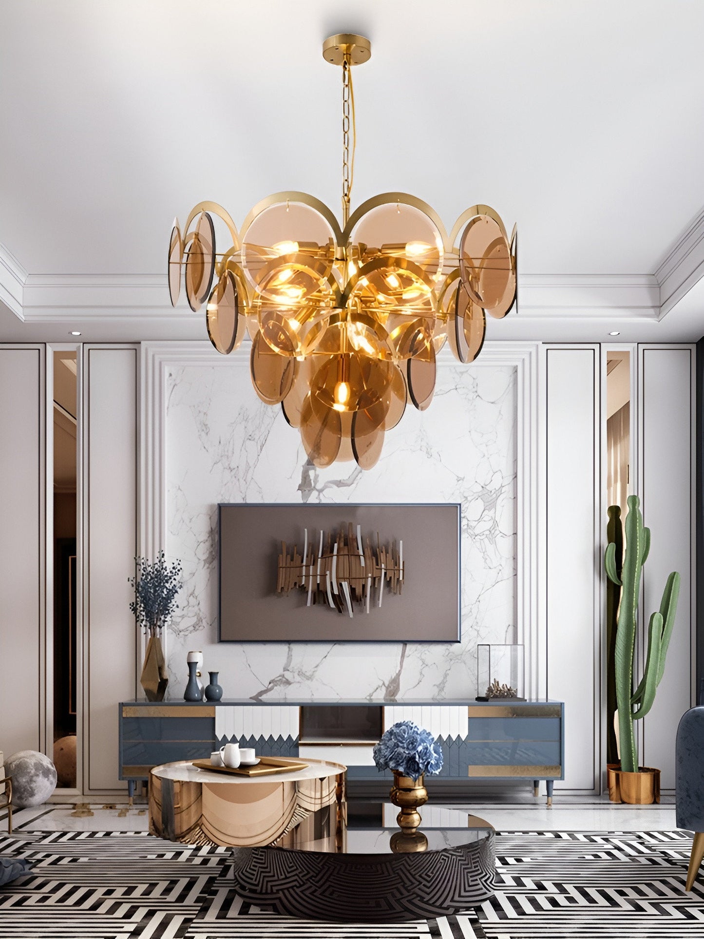 Huy | Amber/Smoke Gray Glass Chandelier for Hotel, Amber, 31.5"By Miron Demid LLC