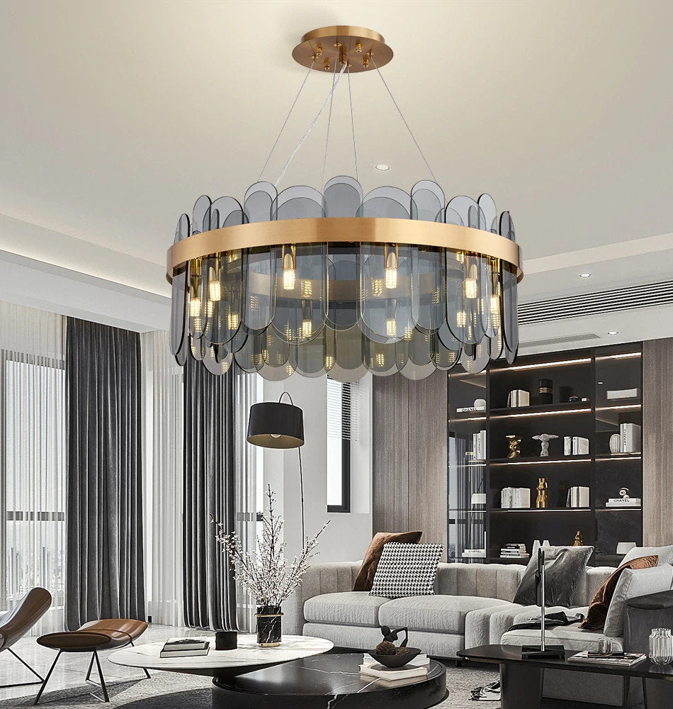 Schonbuhl | Modern Drum Chandelier for Living Room, Smoke Gray Glass, 31.5''By Miron Demid LLC