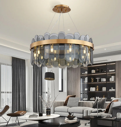 Schonbuhl | Modern Drum Chandelier for Living Room, Smoke Gray Glass, 31.5''By Miron Demid LLC