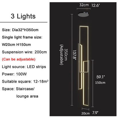 Lavagna | Ultramodern Rectangle Hanging LED Chandelier, Black, 3 Lights (H157.5"), Cool Light, Non-DimmableBy Miron Demid LLC