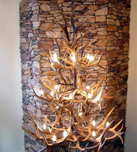 Elk, Whitetail, Mule Deer Antler Chandelier Light, Large, Parchment ShadesBy CDN Antler Designs, Inc.