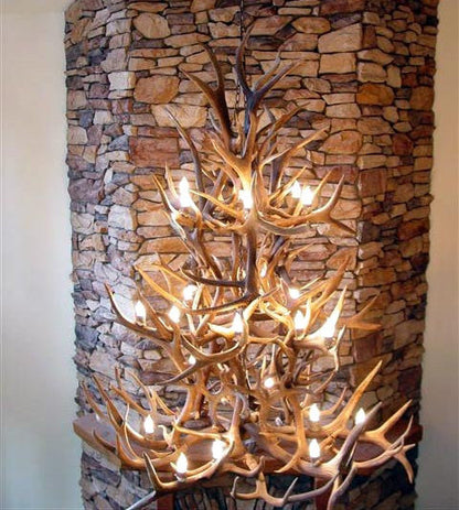 Elk, Whitetail, Mule Deer Antler Chandelier Light, Large, Parchment ShadesBy CDN Antler Designs, Inc.