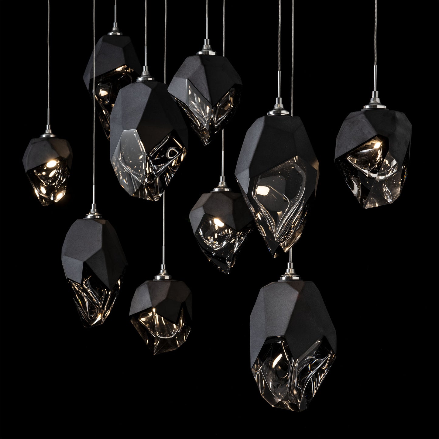 Chrysalis 10-Light Mixed Crystal Pendant Sterling Finish- Long, Black CrystalBy Hubbardton Forge