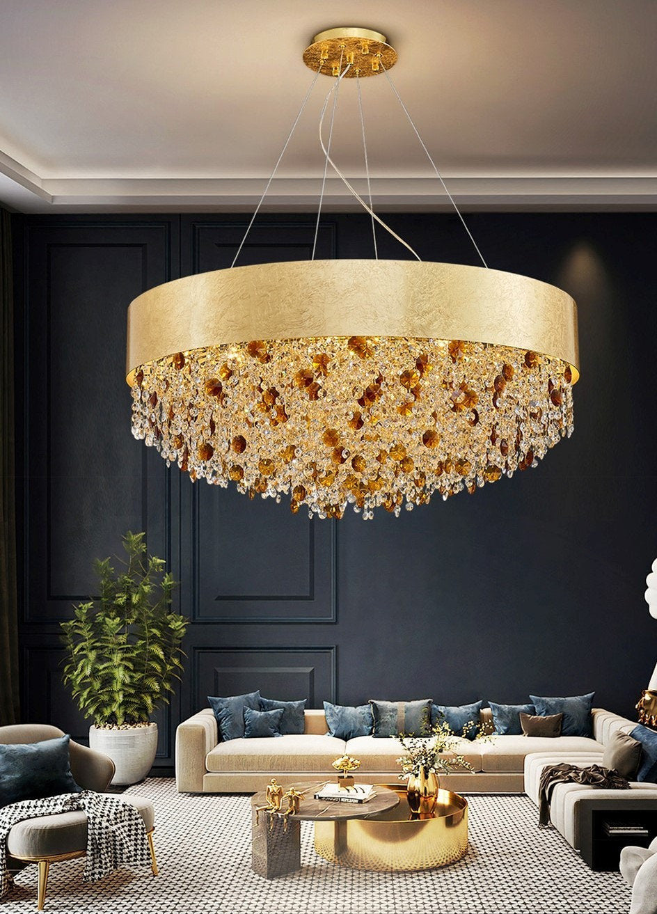 Zeme | Creative Luxury Round Gold Colored Crystal Chandelier, Dia31.5"By Miron Demid LLC