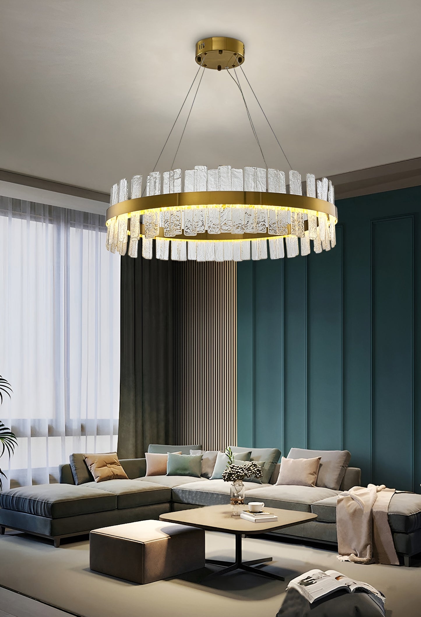 Ieper | Gold Glass Round Led Chandelier for Living Room, 31"By Miron Demid LLC