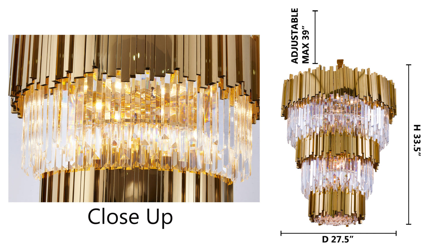3-Tier Gold Rod Round Frame With Clear Crystal ChandelierBy Design Living