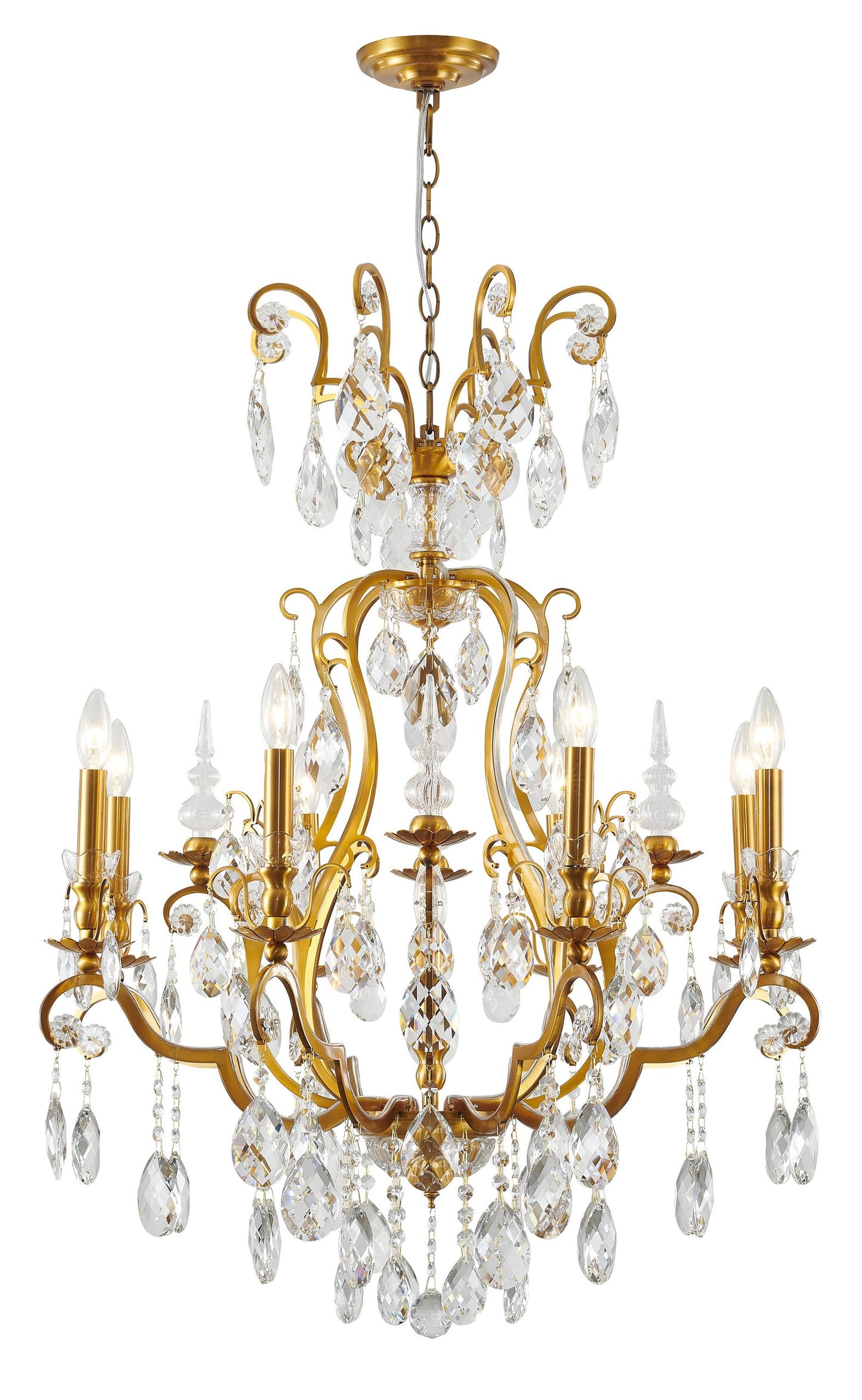 9-Light Antique Brass Chandelier With Clear Hanging CrystalsBy Design Living