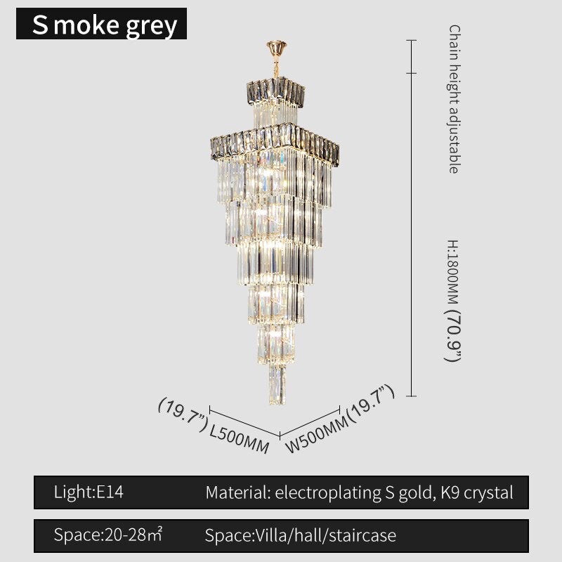 Beuil | High-end Villa Staircase Square Crystal Chandelier, Smoke Gray, H70.9"By Miron Demid LLC