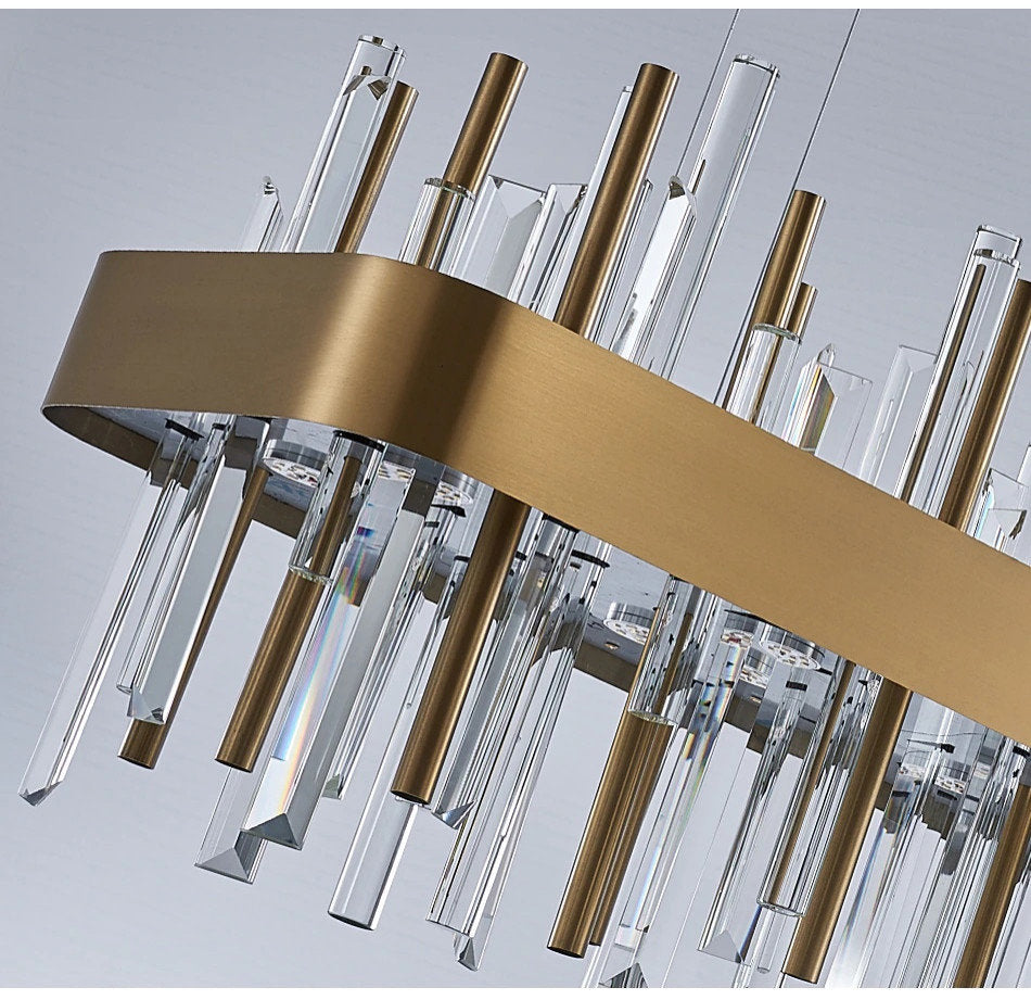 Gold And Black Rectangle Crystal Kitchen Chandelier, Brushed Gold, 43.3", Cool LightBy Miron Demid LLC
