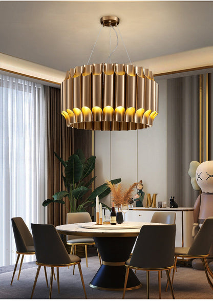 Sartene | Drum Brushed Gold Stainless Steel Chandelier, 31.5''By Miron Demid LLC