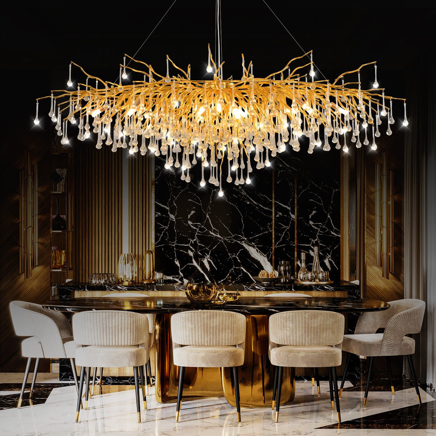 Akari Tree Branch Chandelier Raindrop Crystal Light, Gold L63"By Akari Lanterns