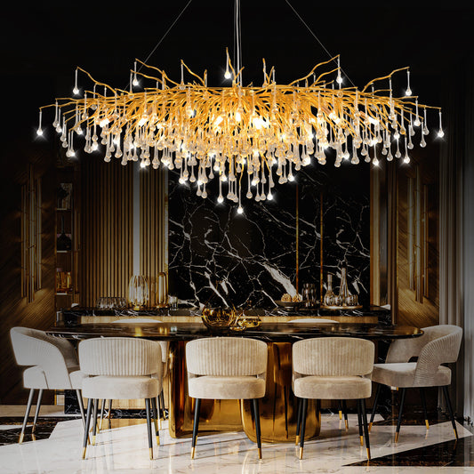 Akari Tree Branch Chandelier Raindrop Crystal Light, Gold L63"By Akari Lanterns