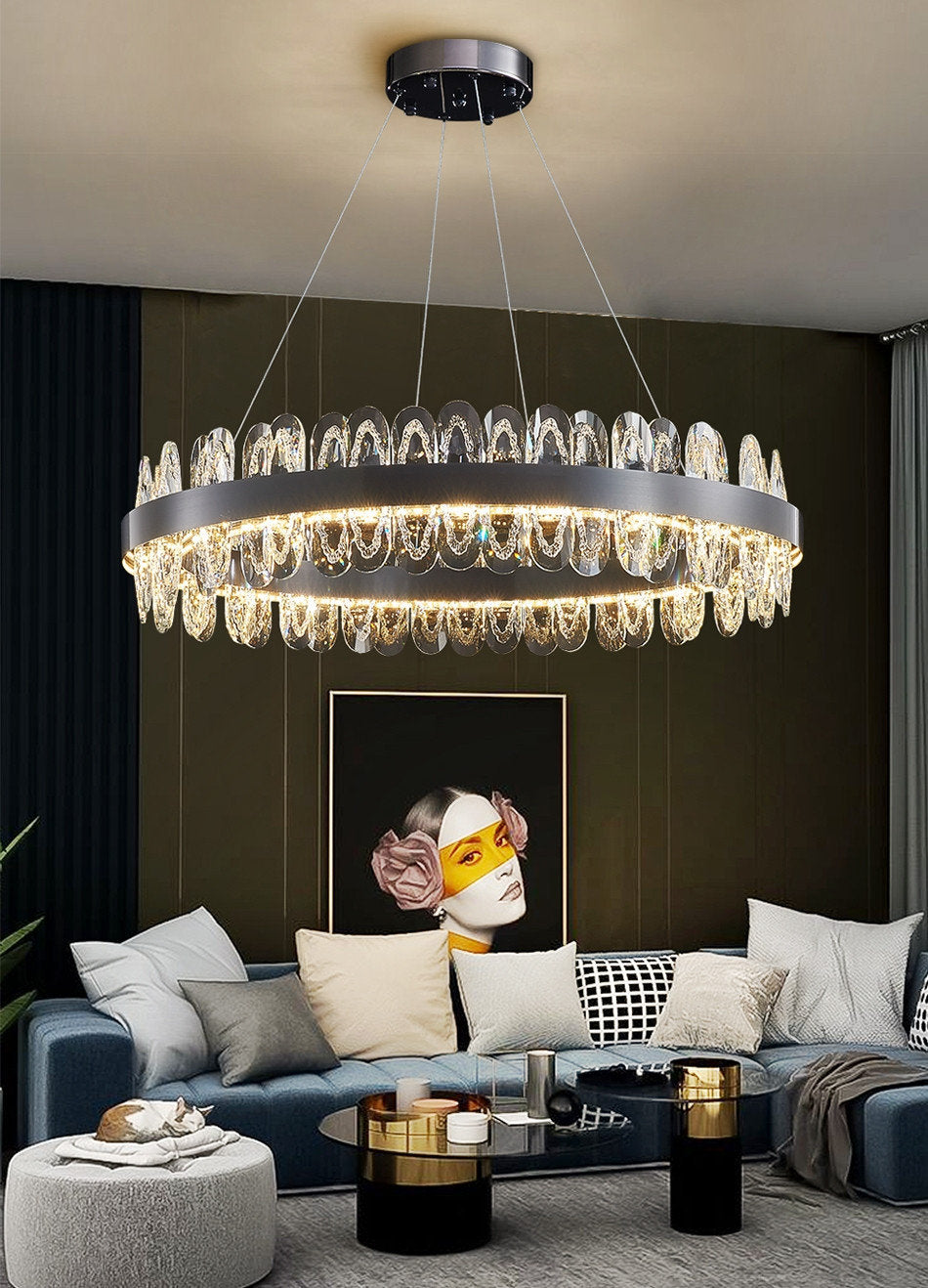 Irma | Modern Creative Round Hanging Crystal LED Chandelier for Living Room, Black, 2 Rings Dia31.5", Cool Light, Non-DimmableBy Miron Demid LLC