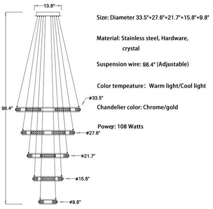 Verbania | Luxury Cascade Crystal Rings LED Chandelier, 33.5*27.6*21.7*15.8*9.8''By Miron Demid LLC