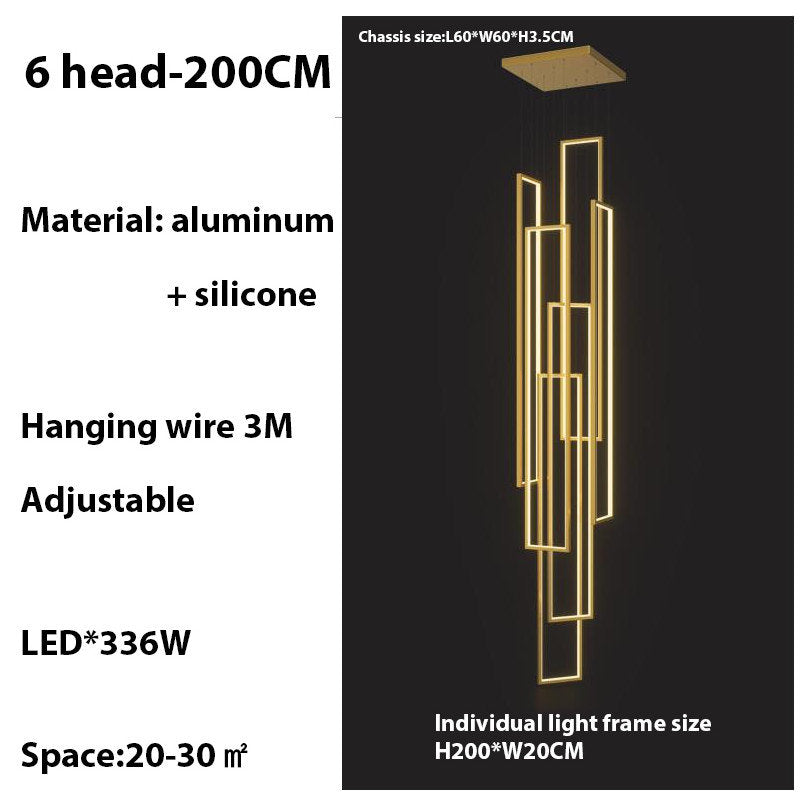 Lavagna | Ultramodern Rectangle Hanging LED Chandelier, Gold, 6 Lights (H196.9"), Warm Light, Non-DimmableBy Miron Demid LLC
