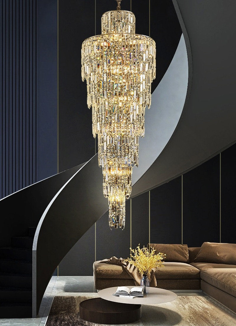 Moneglia | Chic Long Spiral Crystal Pendant Chandelier, Gold, H118.1"By Miron Demid LLC