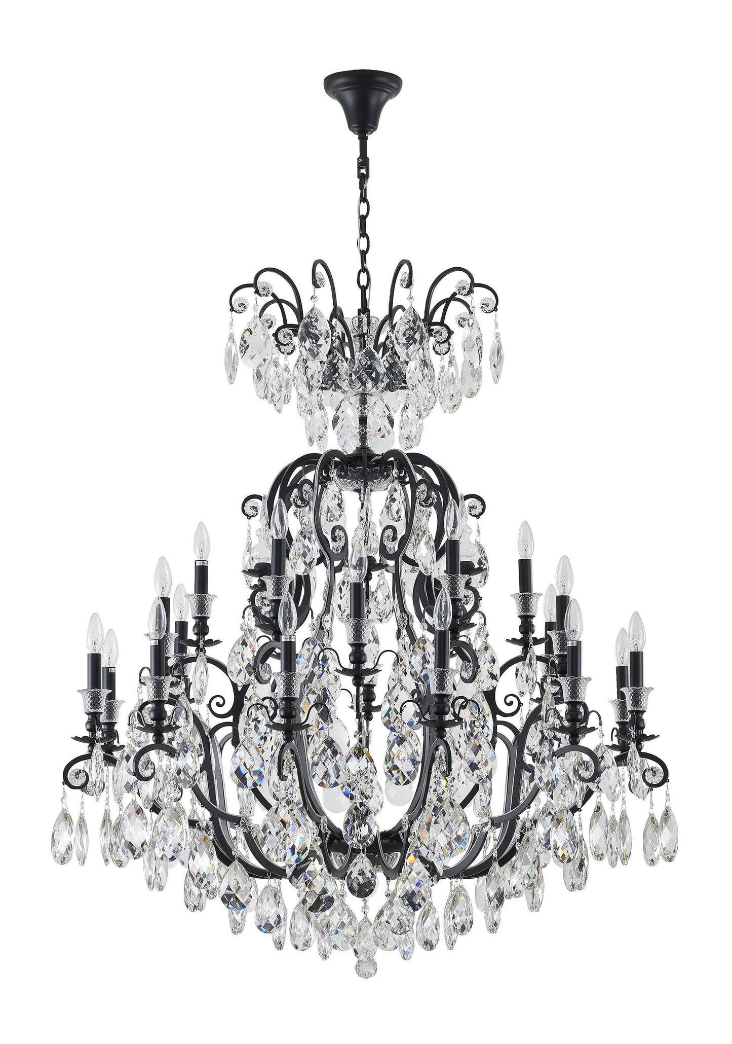 24-Light Matte Black Chandelier With Clear Hanging CrystalsBy Design Living