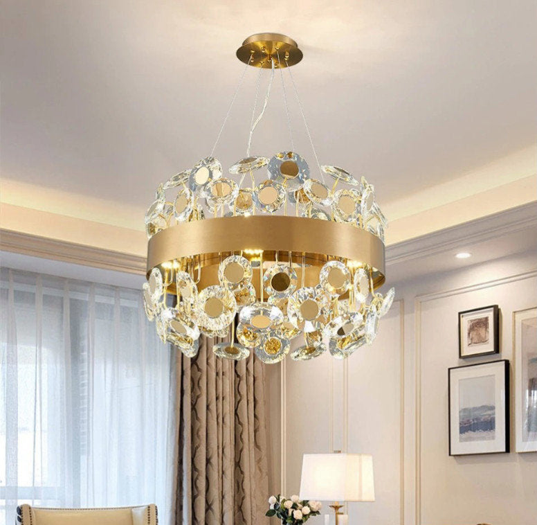 Art Deco Round Crystal Chandelier For The Living Room, Gold, 31.5"By Miron Demid LLC