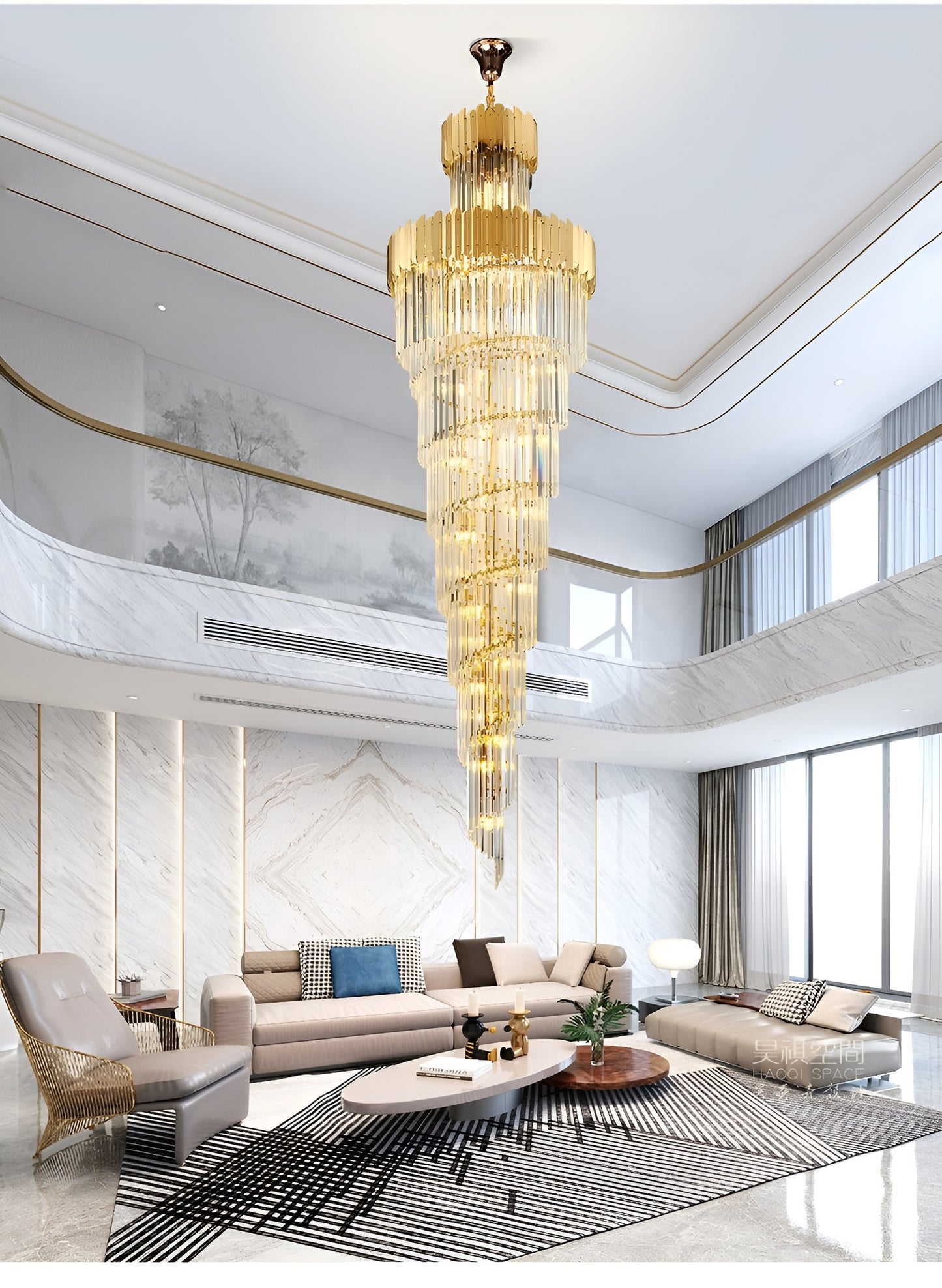 Trinite | Exclusive Long Gold Modern Crystal Chandelier, 39.4By Miron Demid LLC