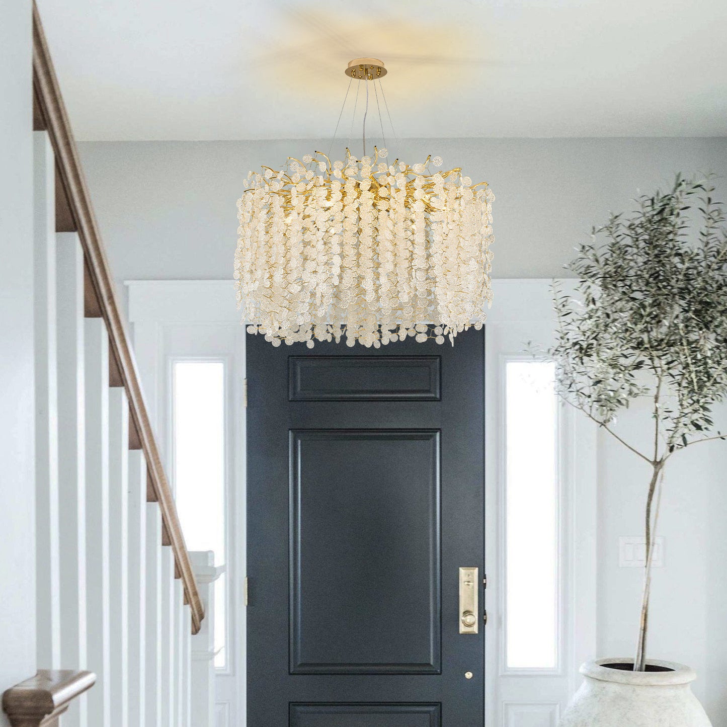 Akari Lanterns Tree Branch Glass Art Gold Coin Chandelier Lighting, D 32"By Akari Lanterns