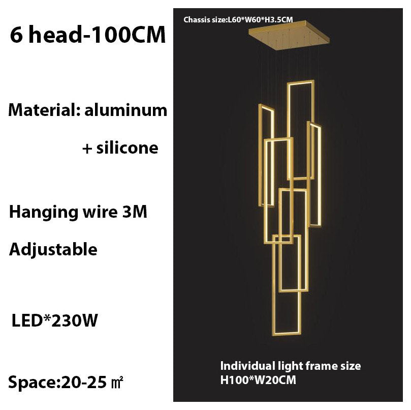 Lavagna | Ultramodern Rectangle Hanging LED Chandelier, Gold, 6 Lights (H157.5"), Cool Light, DimmableBy Miron Demid LLC