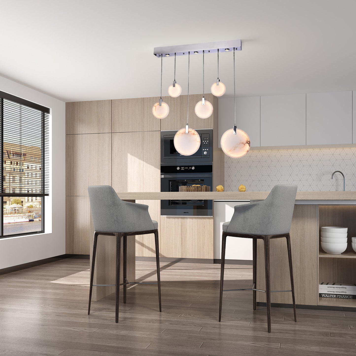 Modern Spanish Marble Linear Chandelier, ChromeBy Design Living