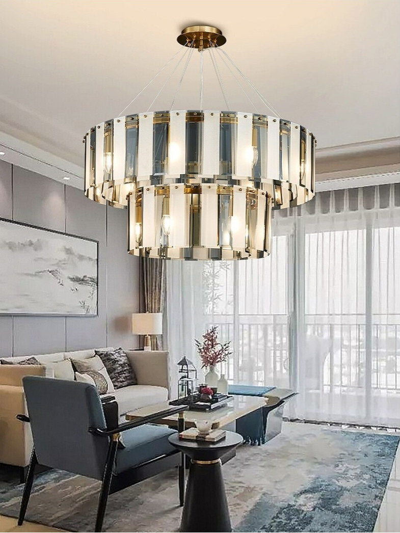 Geraardsbergen | Drum Chrome Glass Round Chandelier, White and Grey, SmallBy Miron Demid LLC
