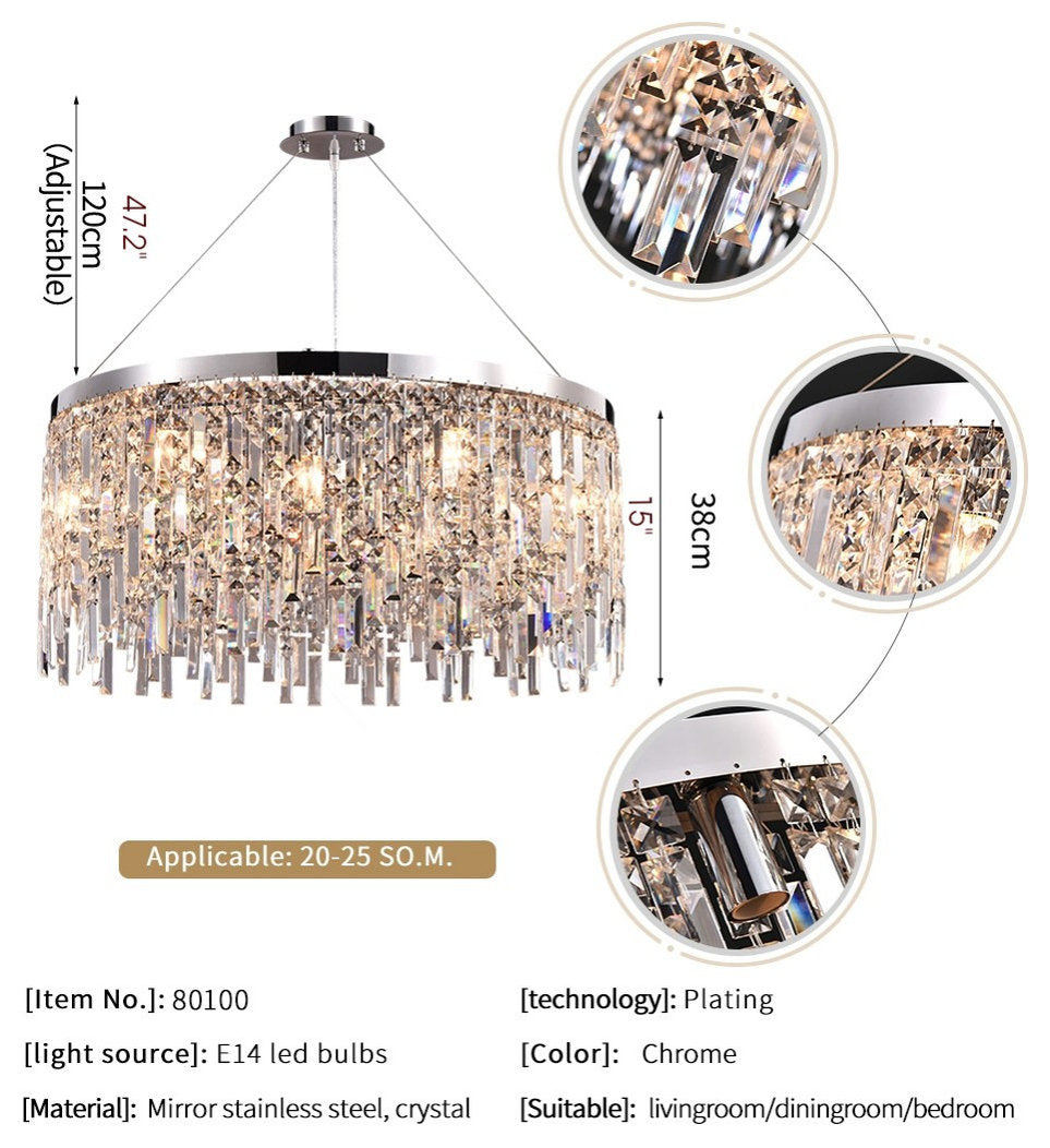 Inveruno | Modern Drum LED Silver Crystal Chandelier for Living Room, Kitchen, Dia39.4"/ Dia100cm, Warm Light, Non-DimmableBy Miron Demid LLC