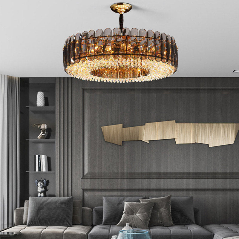 Introdacqua | Round Luxury Golden Crystal LED Chandelier for Living Room, Smoky Gray, Dia23.6xh7.8+39.4", Warm LightBy Miron Demid LLC