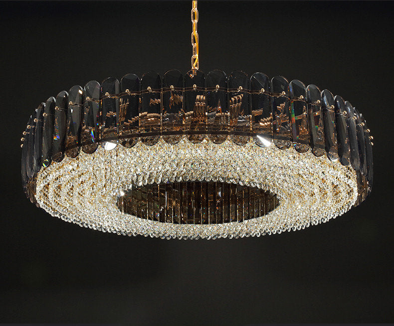 Introdacqua | Round Luxury Golden Crystal LED Chandelier for Living Room, Smoky Gray, Dia23.6xh7.8+39.4", Warm LightBy Miron Demid LLC