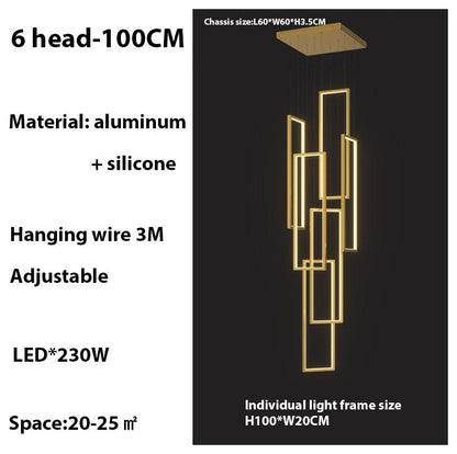 Lavagna | Ultramodern Rectangle Hanging LED Chandelier, Gold, 6 Lights (H157.5"), Warm Light, DimmableBy Miron Demid LLC