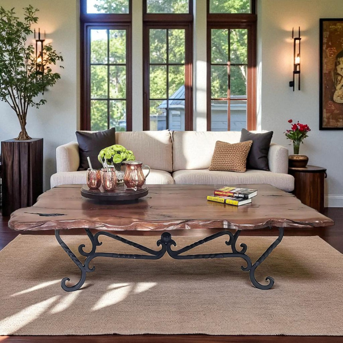 72" Rectangular Live Edge Mesquite Coffee Table: Hand-forged Iron Base, Custom Design - Susana Molina Designs