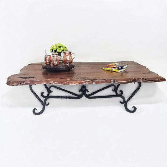 72" Rectangular Live Edge Mesquite Coffee Table: Hand-forged Iron Base, Custom Design - Susana Molina Designs