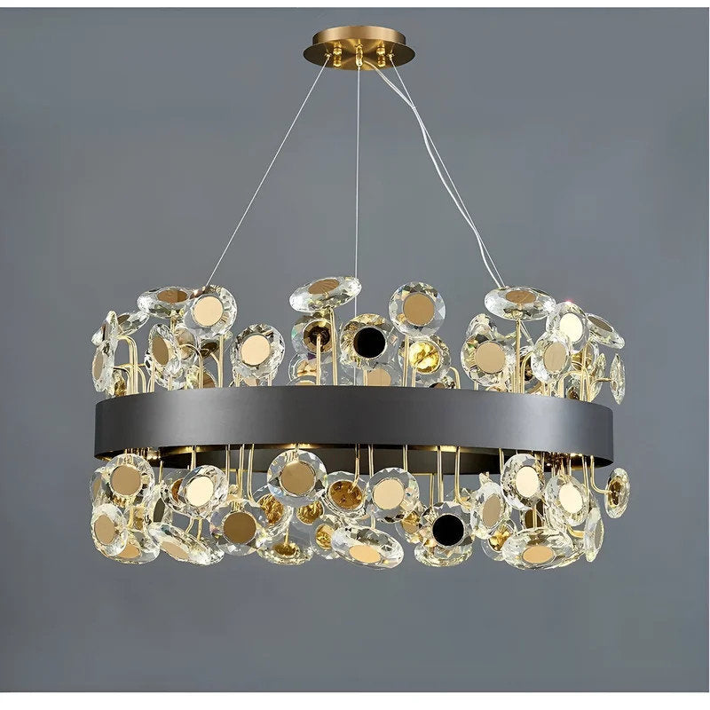 Art Deco Round Crystal Chandelier For The Living Room, Black, 39.4"By Miron Demid LLC