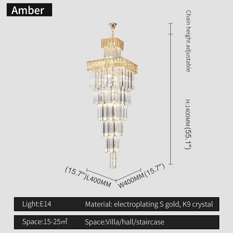 Beuil | High-end Villa Staircase Square Crystal Chandelier, Amber, H55.1"By Miron Demid LLC