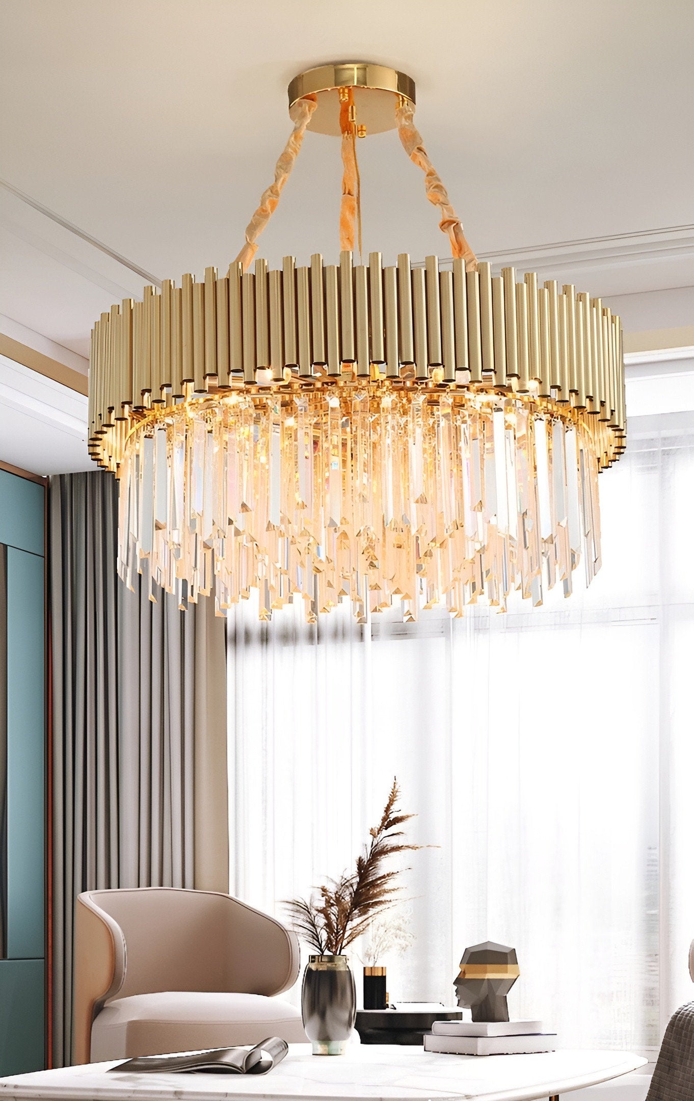 La Neuveville | Drum Gold Crystal Chandelier for Bedroom, 39.4", Cool LightBy Miron Demid LLC