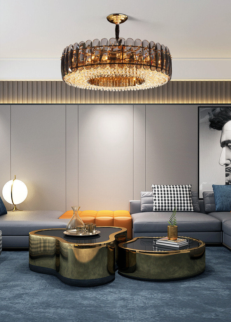 Introdacqua | Round Luxury Golden Crystal LED Chandelier for Living Room, Smoky Gray, Dia23.6xh7.8+39.4", Warm LightBy Miron Demid LLC