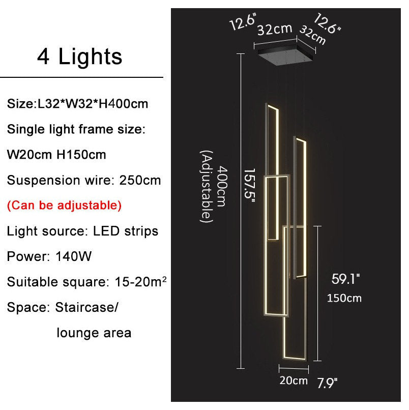 Lavagna | Ultramodern Rectangle Hanging LED Chandelier, Black, 4 Lights (H157.5"), Cool Light, Non-DimmableBy Miron Demid LLC