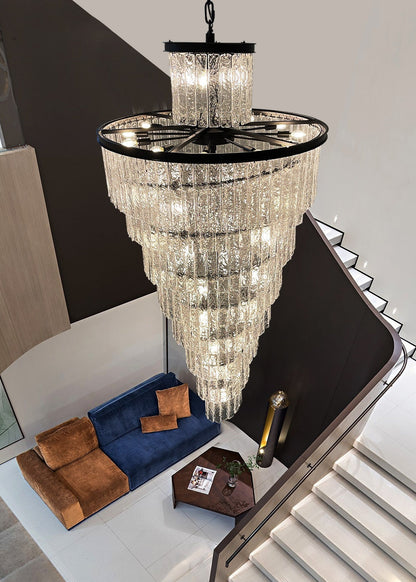 Elegant Frosted Glass Long Black Chandelier For Staircase, Dia15.6"By Miron Demid LLC