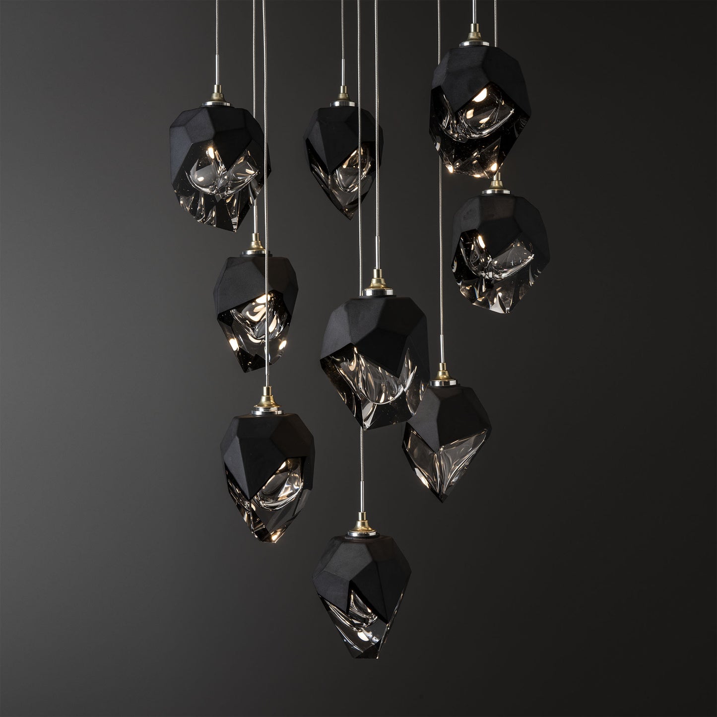 Chrysalis 9-Light Small Crystal Pendant Modern Brass Finish- Long, Black CrystalBy Hubbardton Forge
