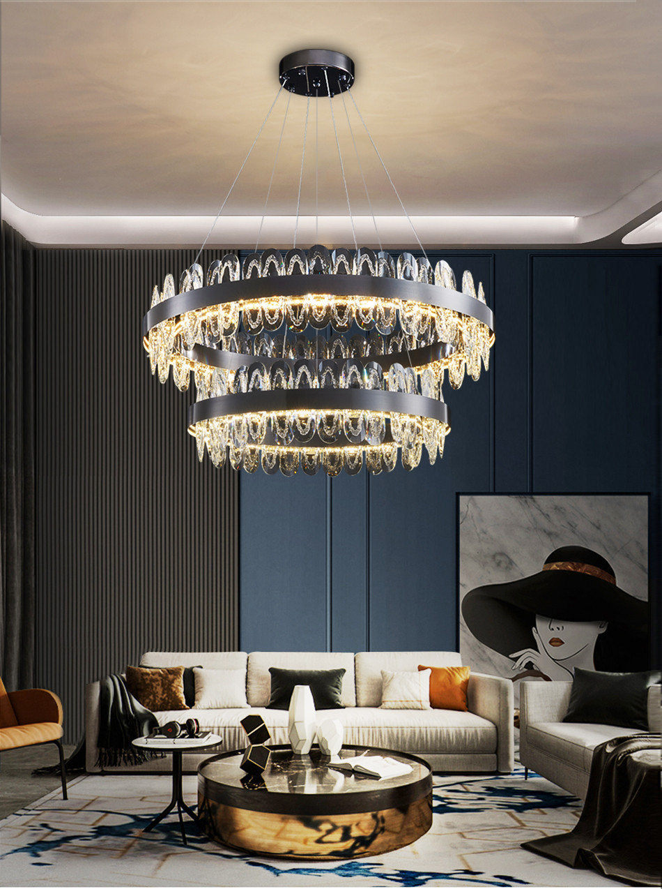 Irma | Modern Creative Round Hanging Crystal LED Chandelier for Living Room, Black, 2 Rings Dia31.5", Warm Light, DimmableBy Miron Demid LLC