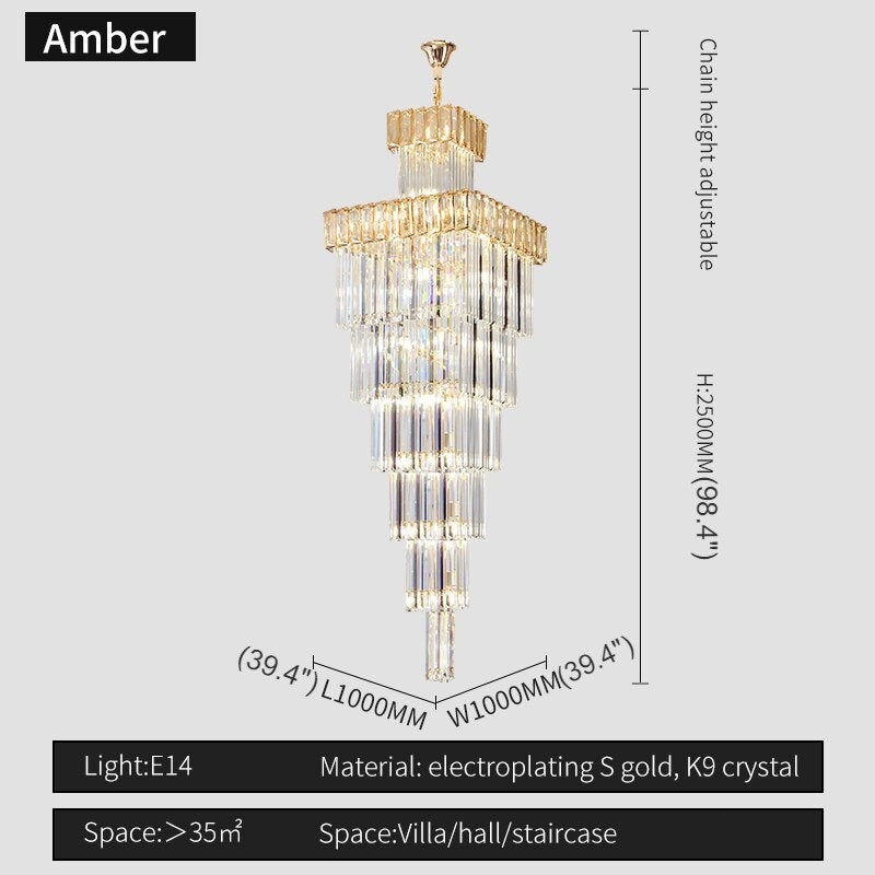 Beuil | High-end Villa Staircase Square Crystal Chandelier, Amber, H98.4"By Miron Demid LLC