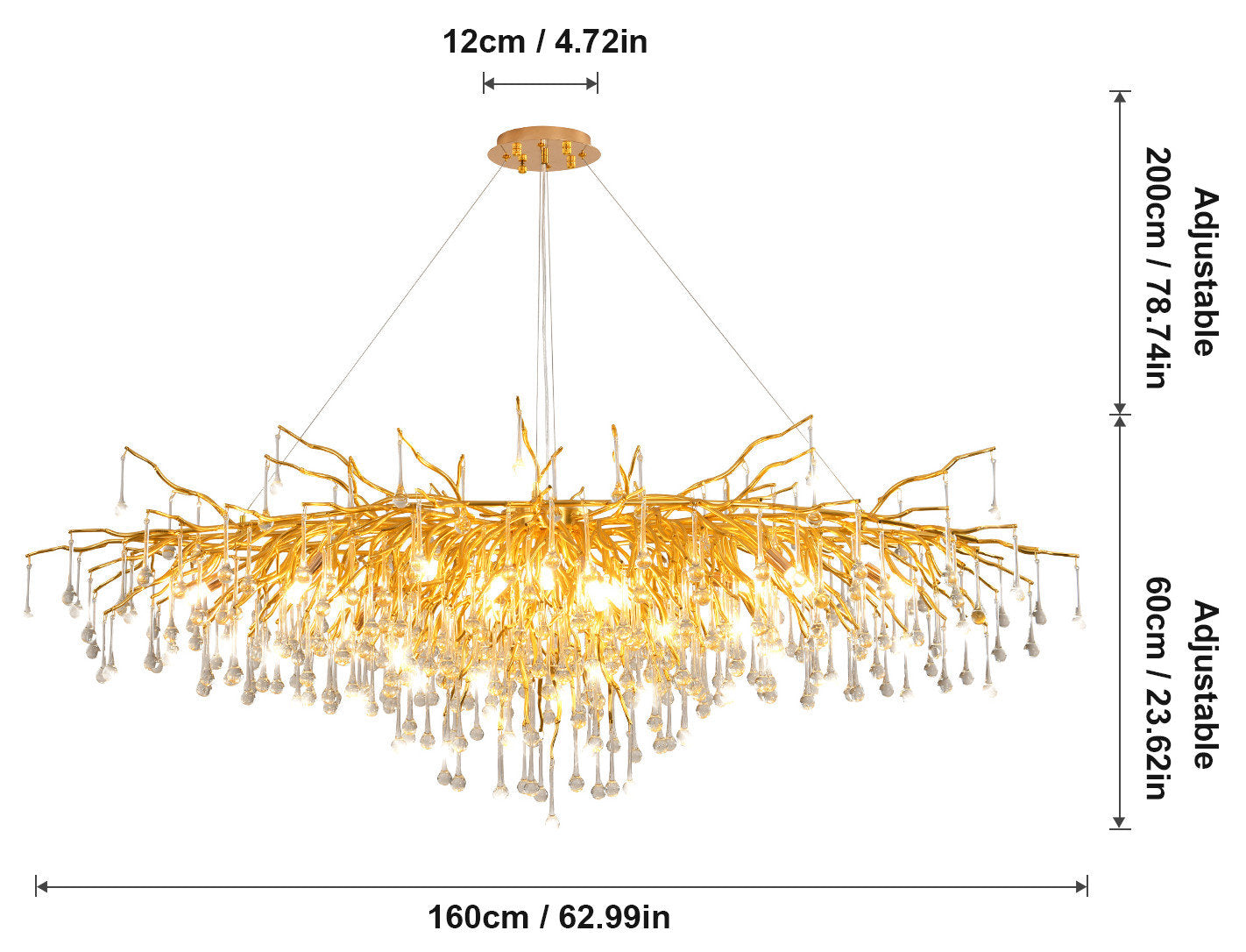 Akari Tree Branch Chandelier Raindrop Crystal Light, Gold L63"By Akari Lanterns