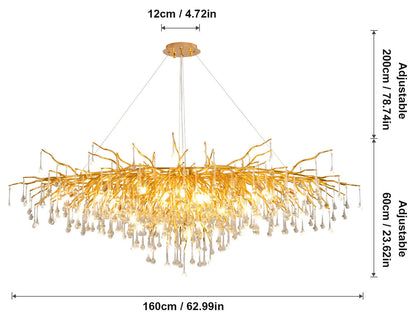 Akari Tree Branch Chandelier Raindrop Crystal Light, Gold L63"By Akari Lanterns