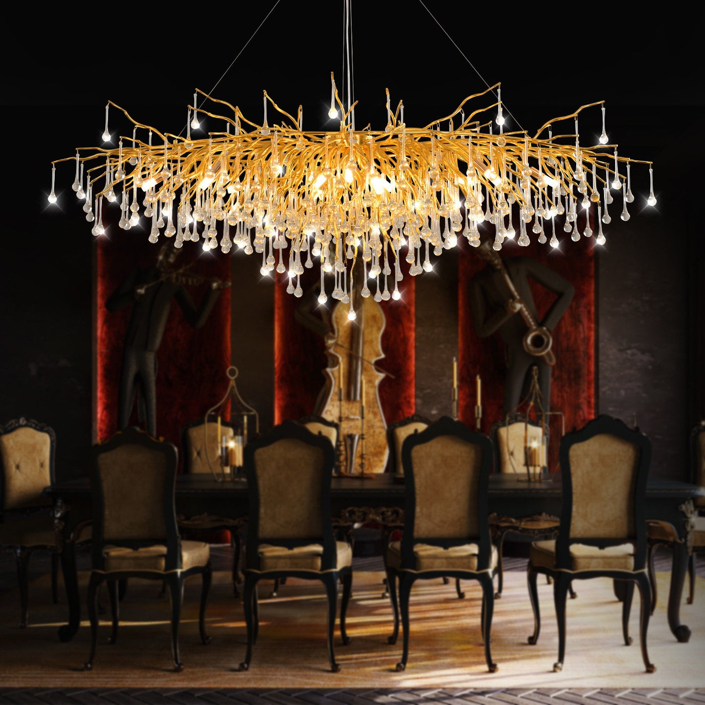 Akari Tree Branch Chandelier Raindrop Crystal Light, Gold L63"By Akari Lanterns